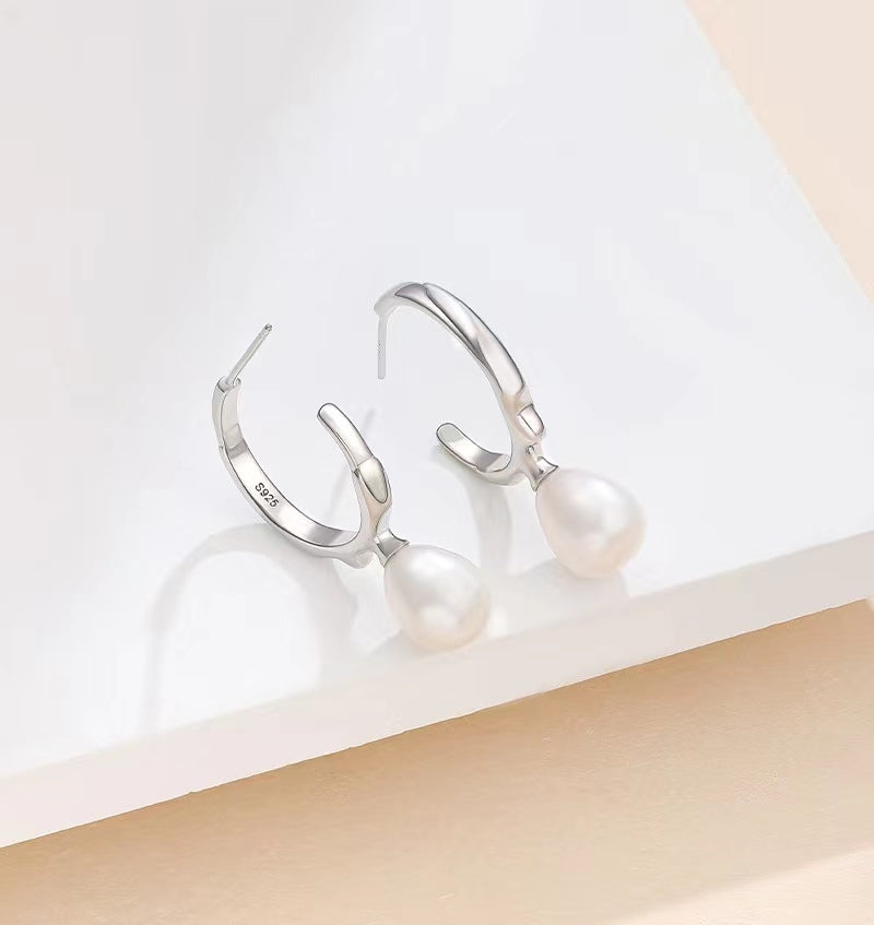 Pendientes de hueso de pájaro con perla barroca genuina en plata maciza S925