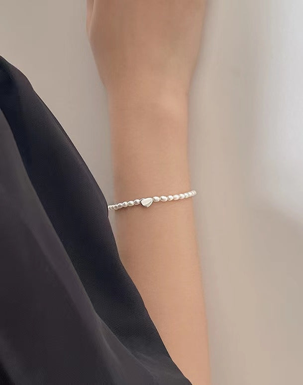 Pulsera de plata maciza S925 con forma de corazón y perlas de agua dulce auténticas