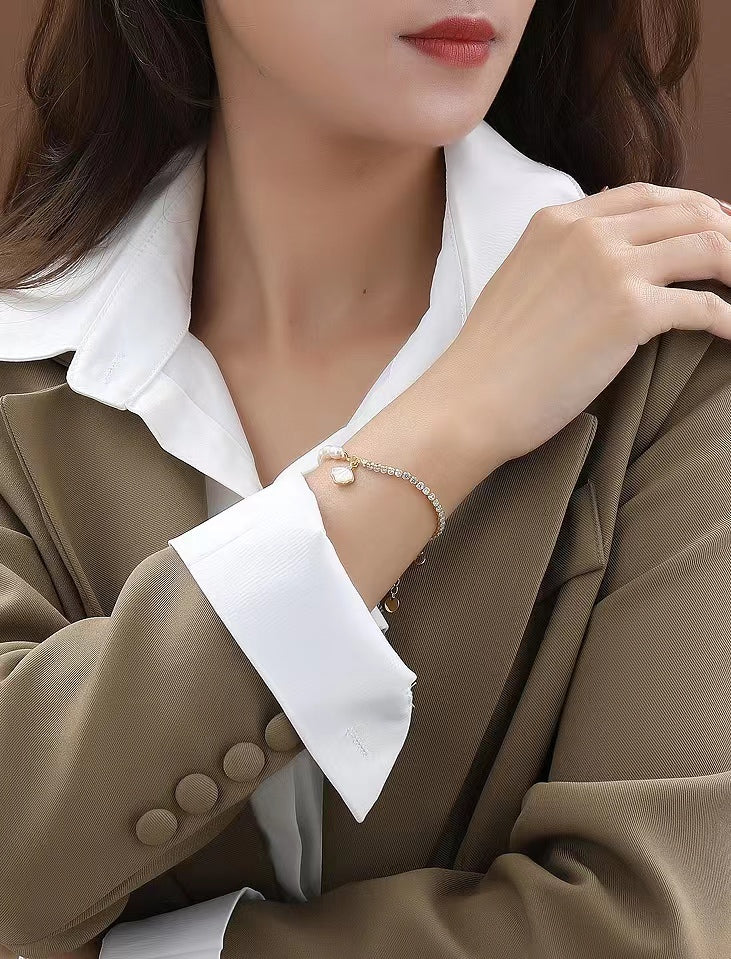 Pulsera de concha de plata maciza S925 con perla de agua dulce genuina