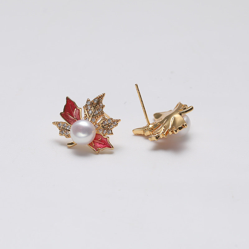 Boucles d'oreilles en argent massif S925 avec perles d'eau douce véritables et feuilles d'érable