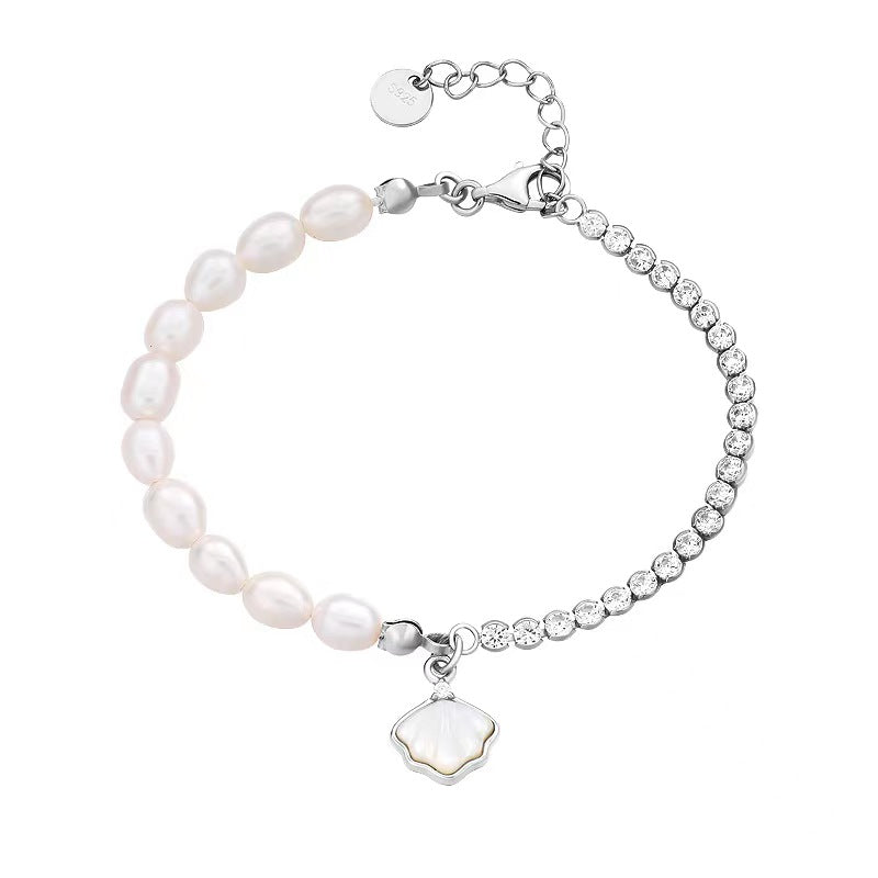 Pulsera de concha de plata maciza S925 con perla de agua dulce genuina