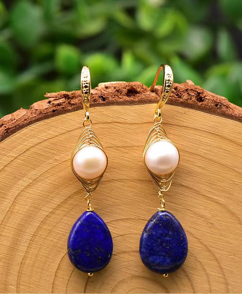 Boucles d'oreilles en perles d'eau douce baroques véritables et œil de lapis-lazuli (édition limitée)