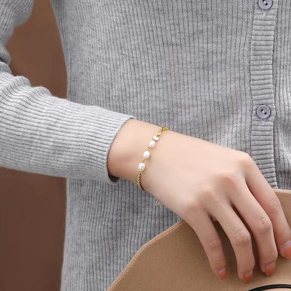Pulsera de tres deseos de plata maciza S925 con perlas de agua dulce genuinas