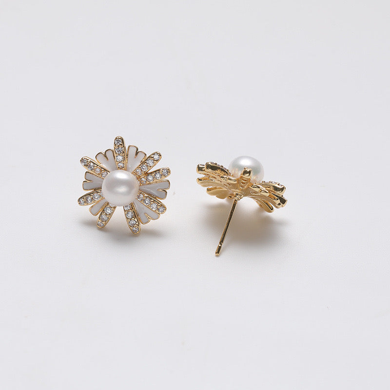 Boucles d'oreilles ailes radiantes en argent massif S925 avec véritable perle d'eau douce
