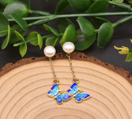 Boucles d'oreilles papillon bleues en perles baroques d'eau douce véritables (édition limitée)