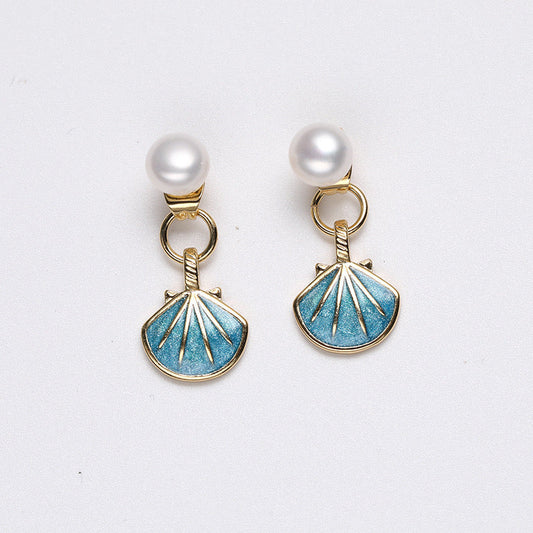 Pendientes de concha azul de plata maciza S925 con perla de agua dulce genuina