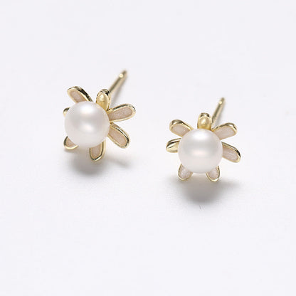 Pendientes de girasol dorado de plata maciza S925 con auténtica perla de agua dulce