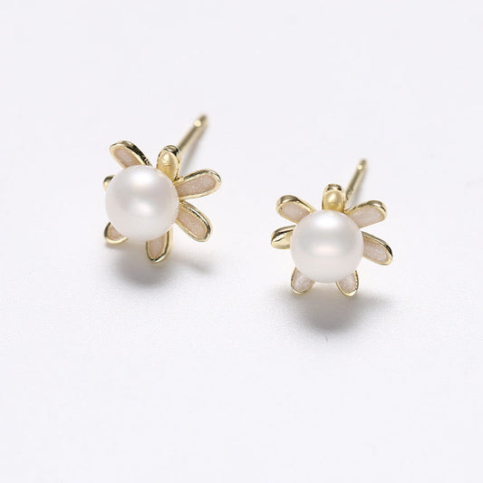 Boucles d'oreilles tournesol dorées en argent massif S925 avec perles d'eau douce véritables