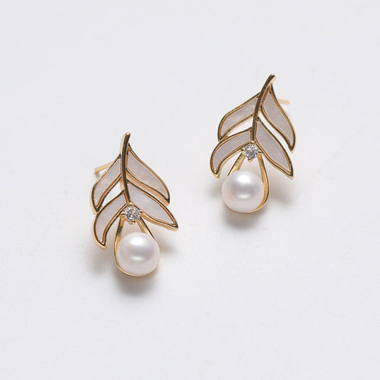 Pendientes de hoja de la suerte de plata maciza S925 con auténtica perla de agua dulce