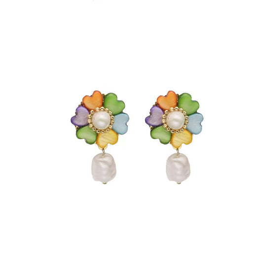 Boucles d'oreilles en perles baroques d'eau douce véritables, motif trèfle arc-en-ciel (édition limitée)