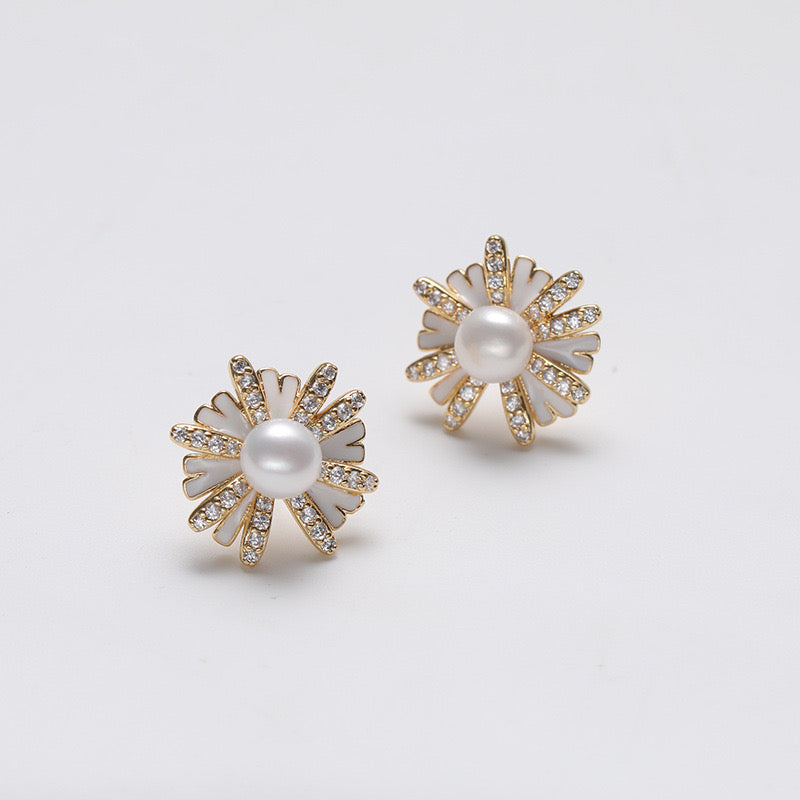 Boucles d'oreilles ailes radiantes en argent massif S925 avec véritable perle d'eau douce