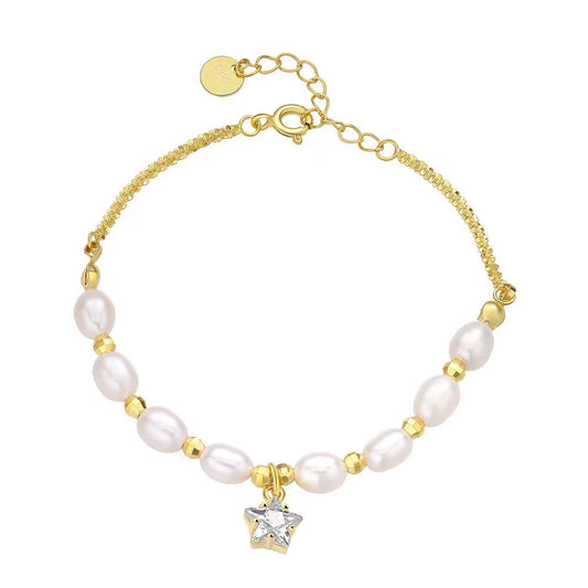 Pulsera Meteorito de Plata S925 Sólida con Perla de Agua Dulce Genuina