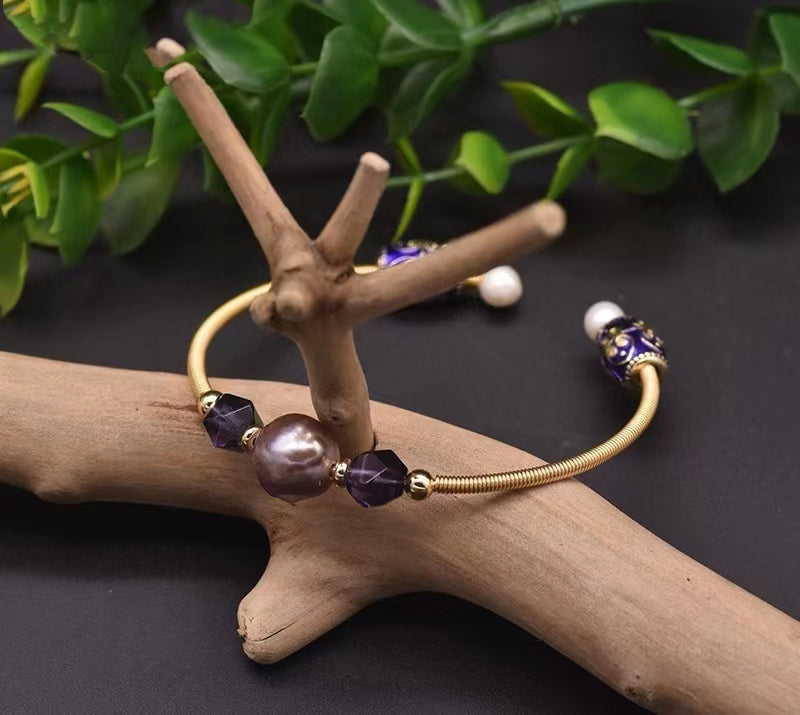 Bracelet en véritable perle d'eau douce baroque violette et améthyste (édition limitée)
