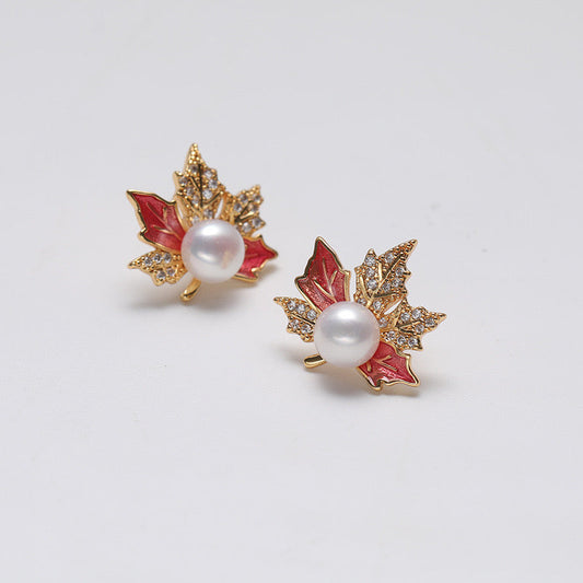 Boucles d'oreilles en argent massif S925 avec perles d'eau douce véritables et feuilles d'érable