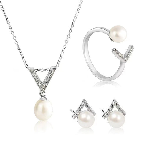 Conjunto de plata maciza S925 con auténtica perla de agua dulce