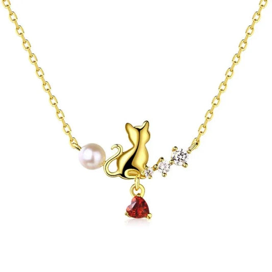 Collier chat porte-bonheur en perles d'eau douce naturelles authentiques