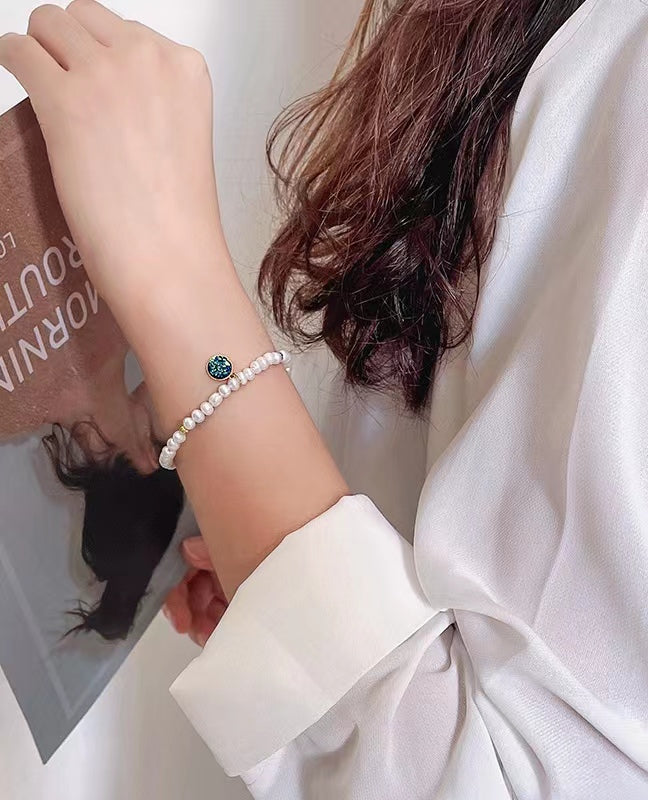 Pulsera de plata maciza S925 con perla barroca auténtica y noche estrellada
