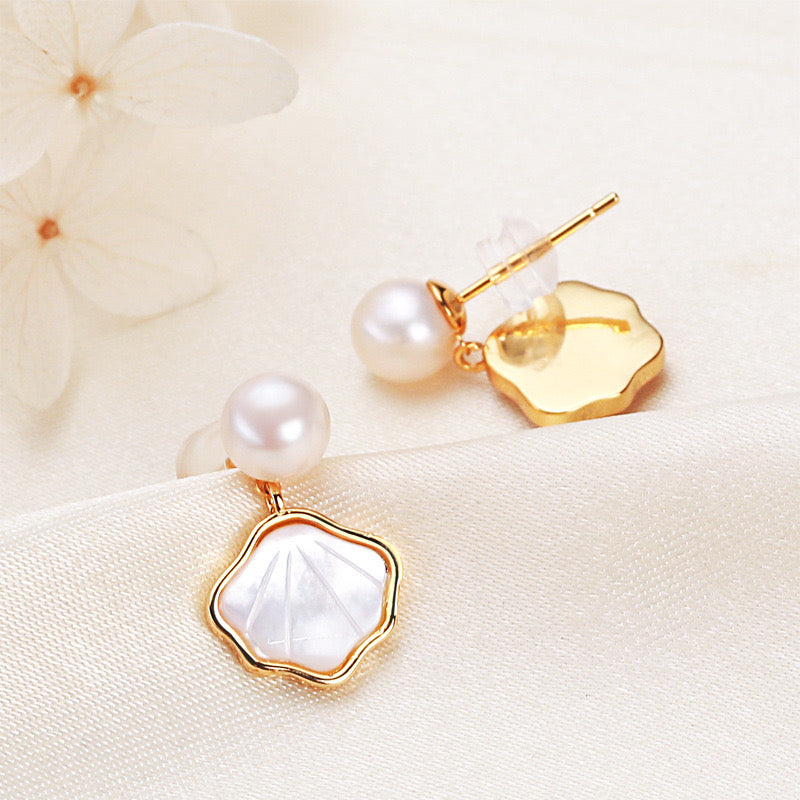 Ensemble de coquillages porte-bonheur en laiton plaqué or 18 carats avec véritable perle d'eau douce