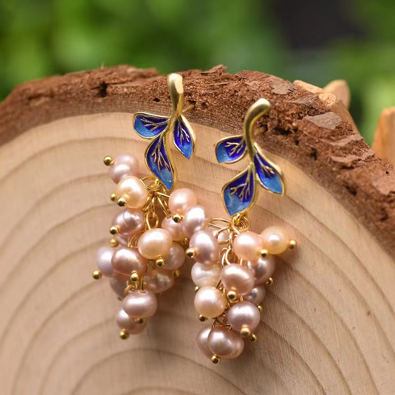 Pendientes de hada azul con auténtica perla de agua dulce
