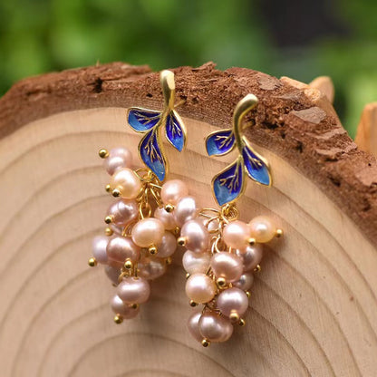 Pendientes de hada azul con auténtica perla de agua dulce