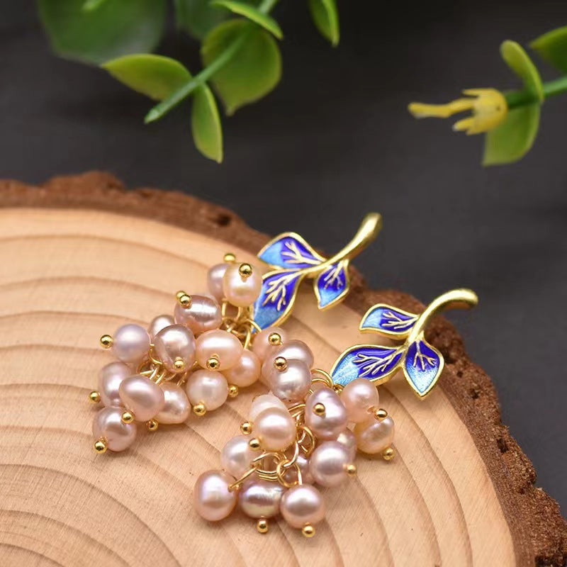 Pendientes de hada azul con auténtica perla de agua dulce