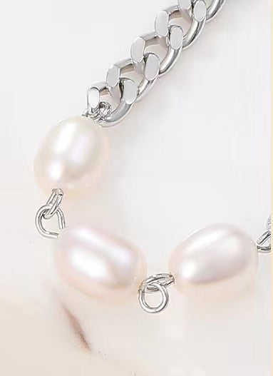Pulsera de tres deseos de plata maciza S925 con perlas de agua dulce genuinas