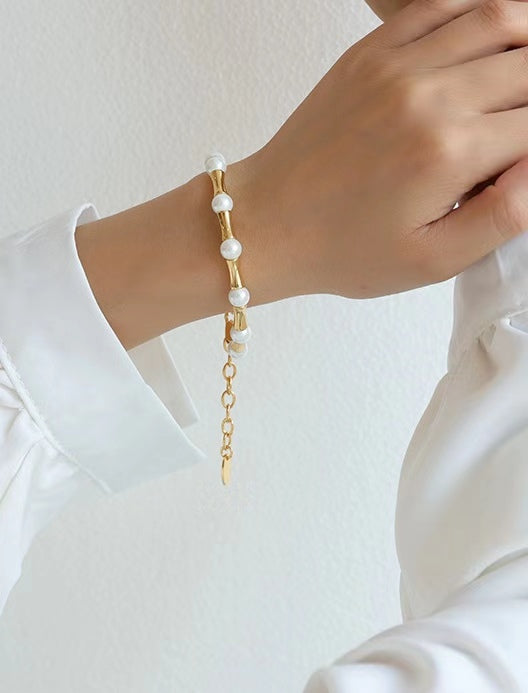 Pulsera de eslabones de bambú con perlas de agua dulce auténticas