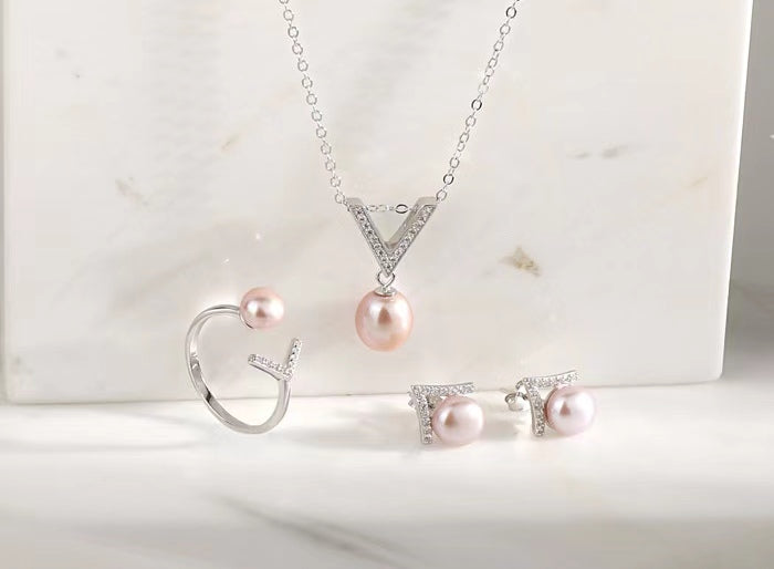 Conjunto de plata maciza S925 con auténtica perla de agua dulce