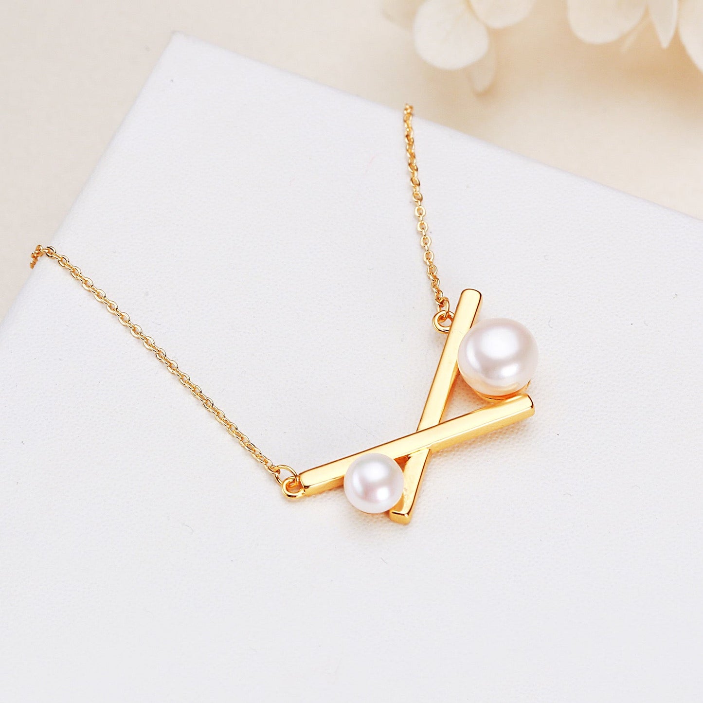 Brass Plated with 18K Gold Genuine Freshwater Pearl Balance Necklace