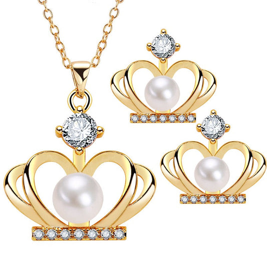 Brass Plated with 18K Gold Genuine Freshwater Pearl Crown Set - Main Product View - Elegant Pearl Jewelry by Kikyo Pearl London