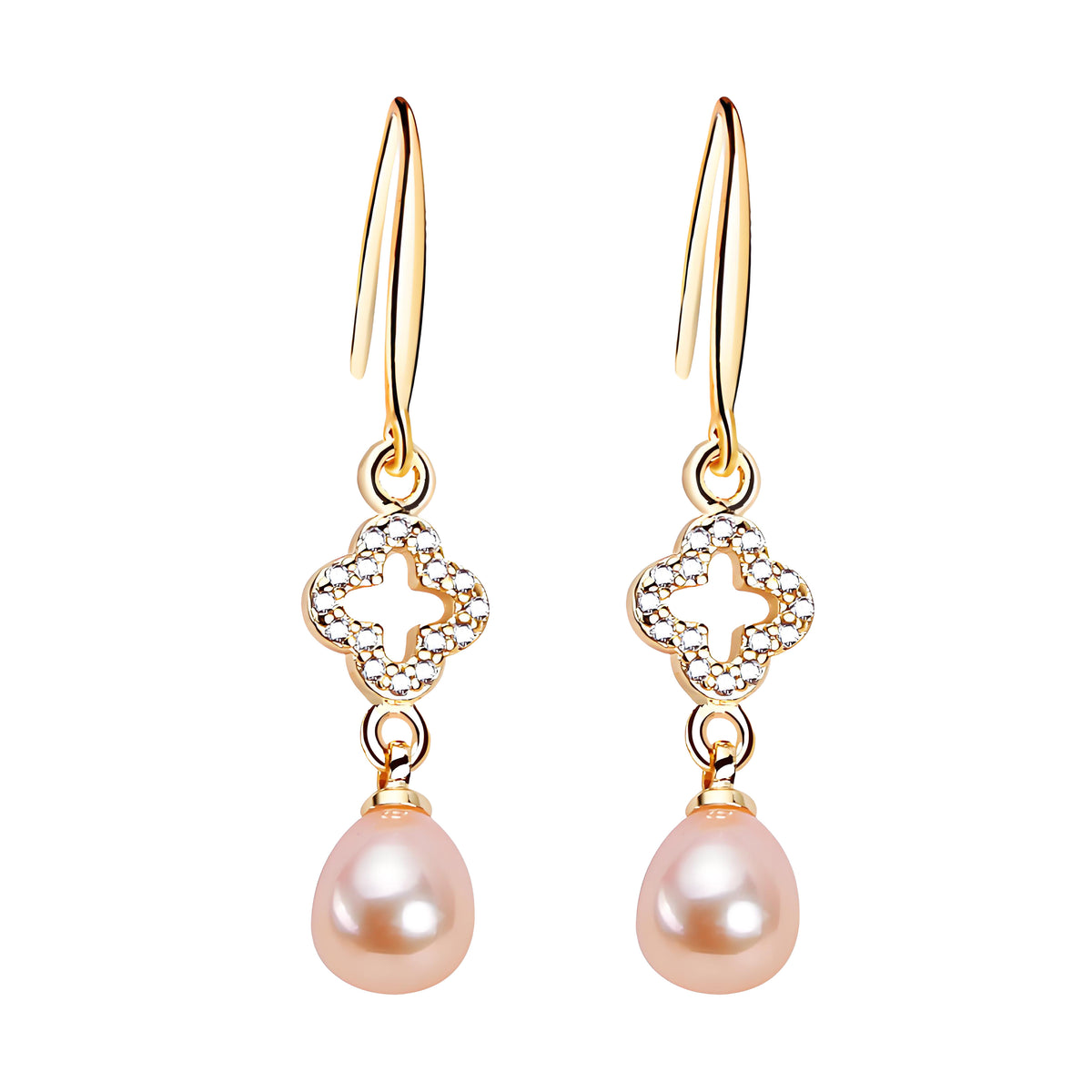 Brass Plated with 18K Gold Genuine Freshwater Pearl Golden Clover Earrings