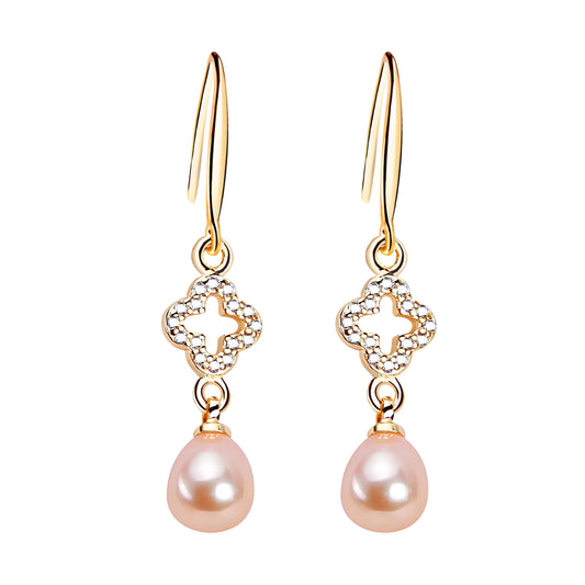 Brass Plated with 18K Gold Genuine Freshwater Pearl Golden Clover Earrings
