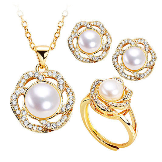 Brass Plated with 18K Gold Genuine Freshwater Pearl Rose Dew Set - Main Product View - Elegant Pearl Jewelry by Kikyo Pearl London