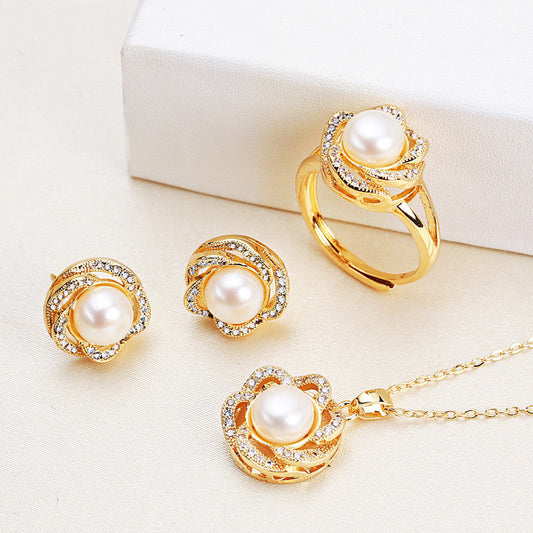 Brass Plated with 18K Gold Genuine Freshwater Pearl Rose Dew Set - Side Angle View - Elegant Pearl Jewelry by Kikyo Pearl London