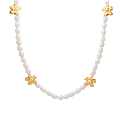 Genuine Freshwater Pearl Titanium Steel Daisy Necklace