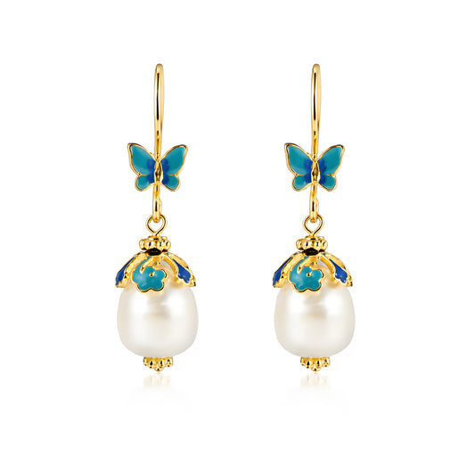Genuine Freshwater Baroque Pearl Blue Butterfly Earrings (Limited Edition)