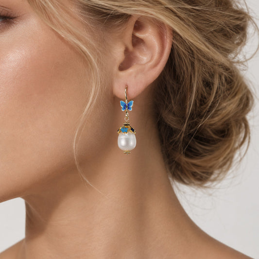 Genuine Freshwater Baroque Pearl Blue Butterfly Earrings (Limited Edition)