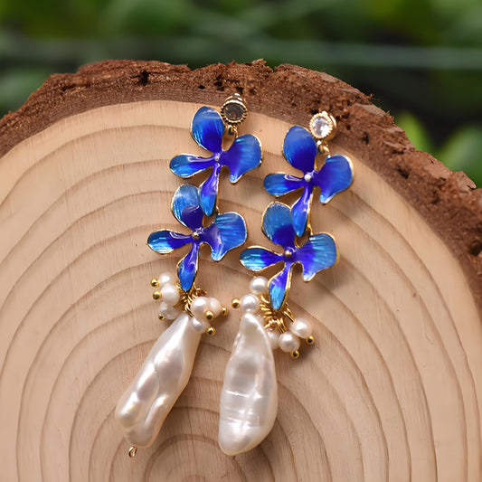 Genuine Freshwater Baroque Pearl Blue Hyacinth Earrings(Limited Edition)