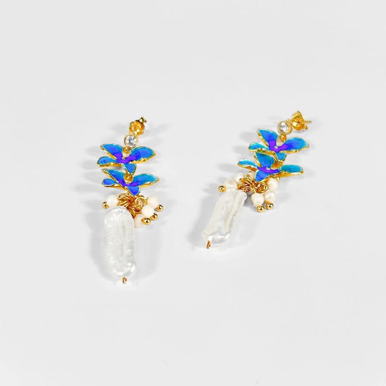 Genuine Freshwater Baroque Pearl Blue Hyacinth Earrings(Limited Edition)