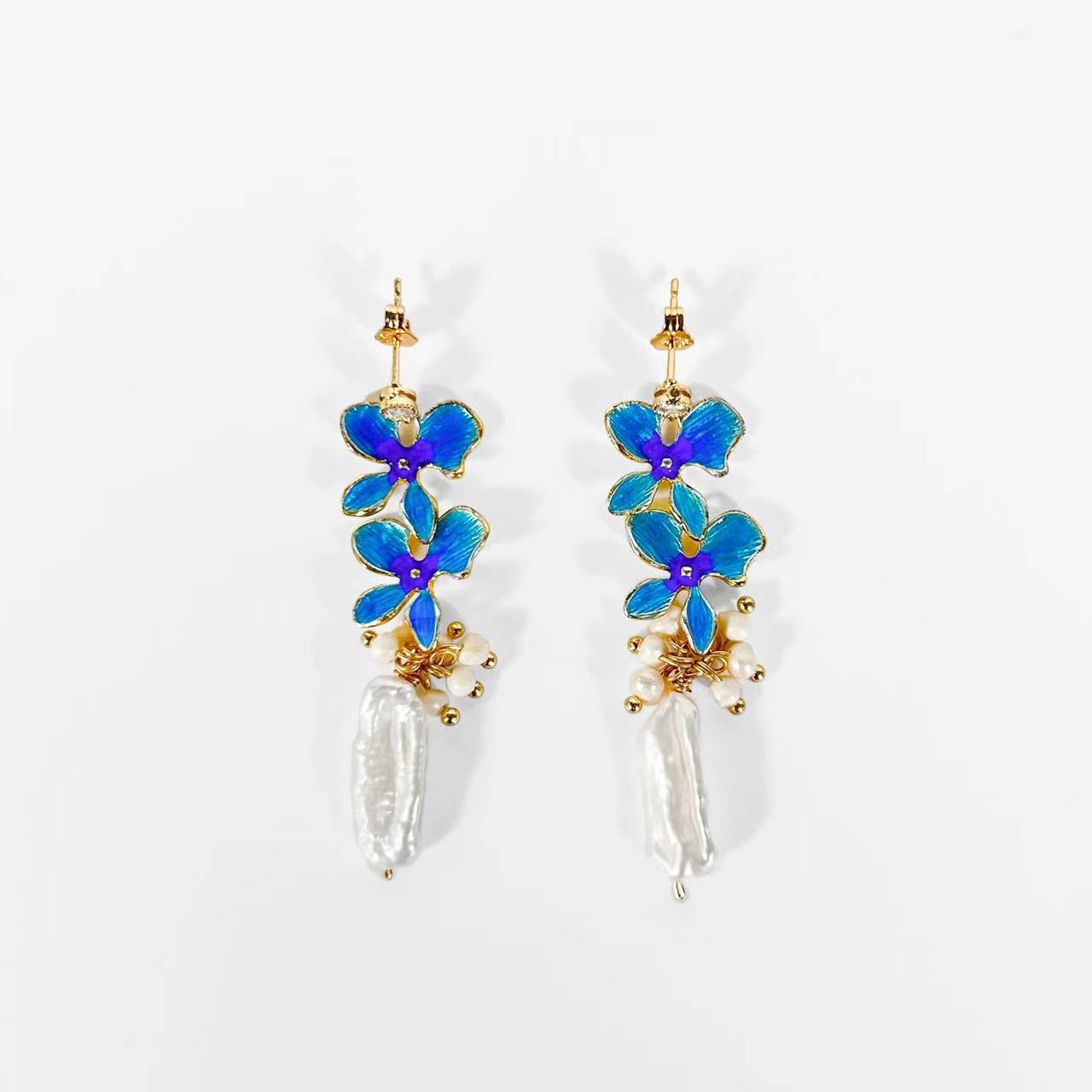 Genuine Freshwater Baroque Pearl Blue Hyacinth Earrings(Limited Edition)