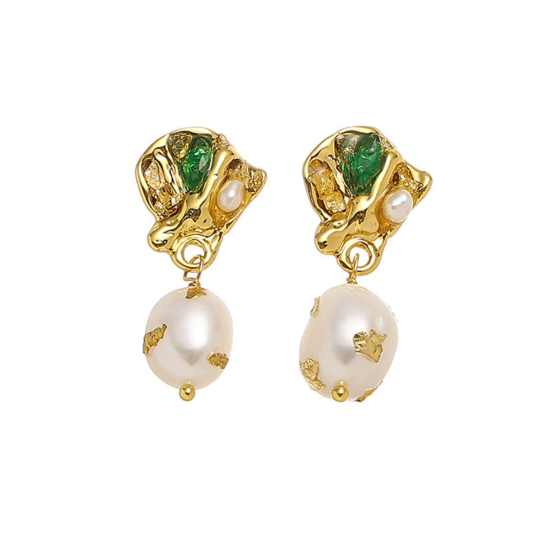 Genuine Freshwater Baroque Pearl Emerald Earrings