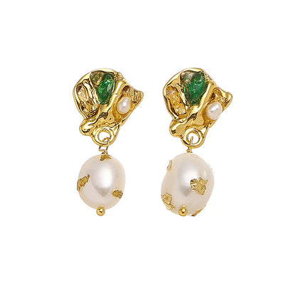 Genuine Freshwater Baroque Pearl Emerald Earrings
