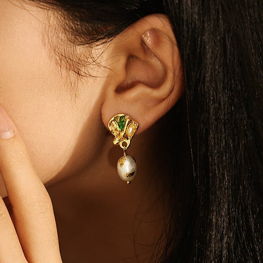 Genuine Freshwater Baroque Pearl Emerald Earrings