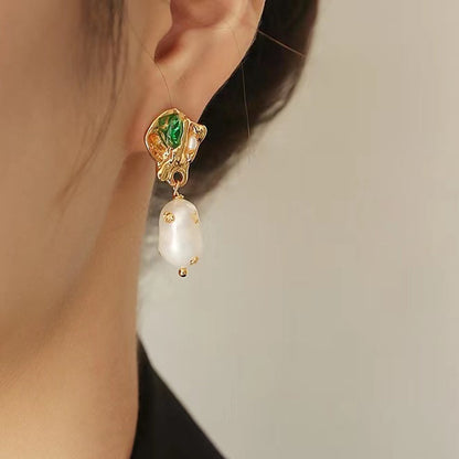 Genuine Freshwater Baroque Pearl Emerald Earrings