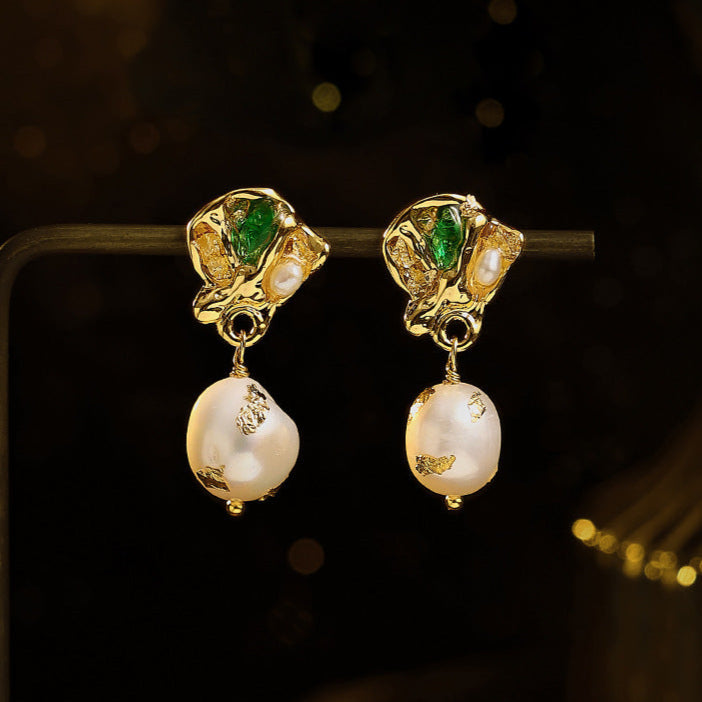 Genuine Freshwater Baroque Pearl Emerald Earrings