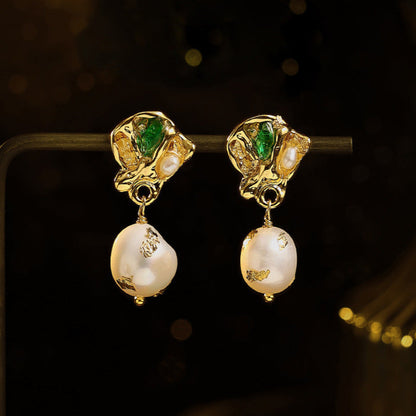 Genuine Freshwater Baroque Pearl Emerald Earrings