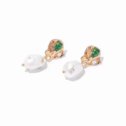 Genuine Freshwater Baroque Pearl Emerald Earrings