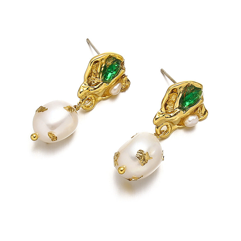 Genuine Freshwater Baroque Pearl Emerald Earrings