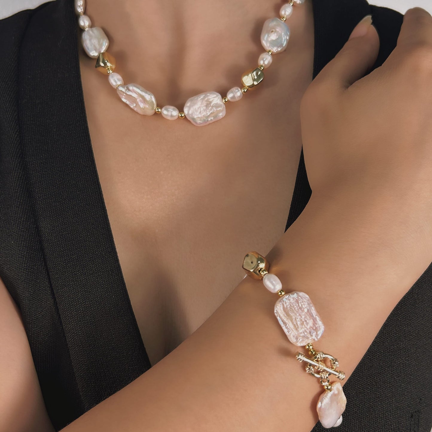Genuine Freshwater Baroque Pearl Gilded Set - Side Angle View - Elegant Pearl Jewelry by Kikyo Pearl London