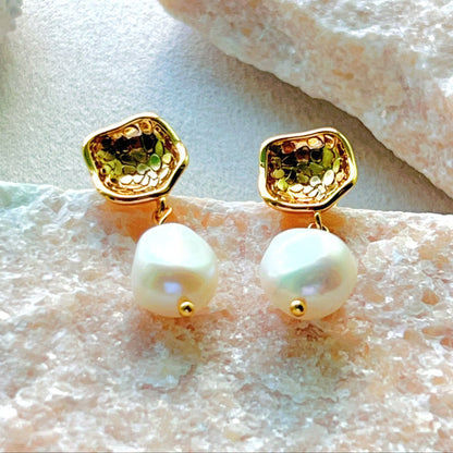 Genuine Freshwater Baroque Pearl Gold Flap Earrings